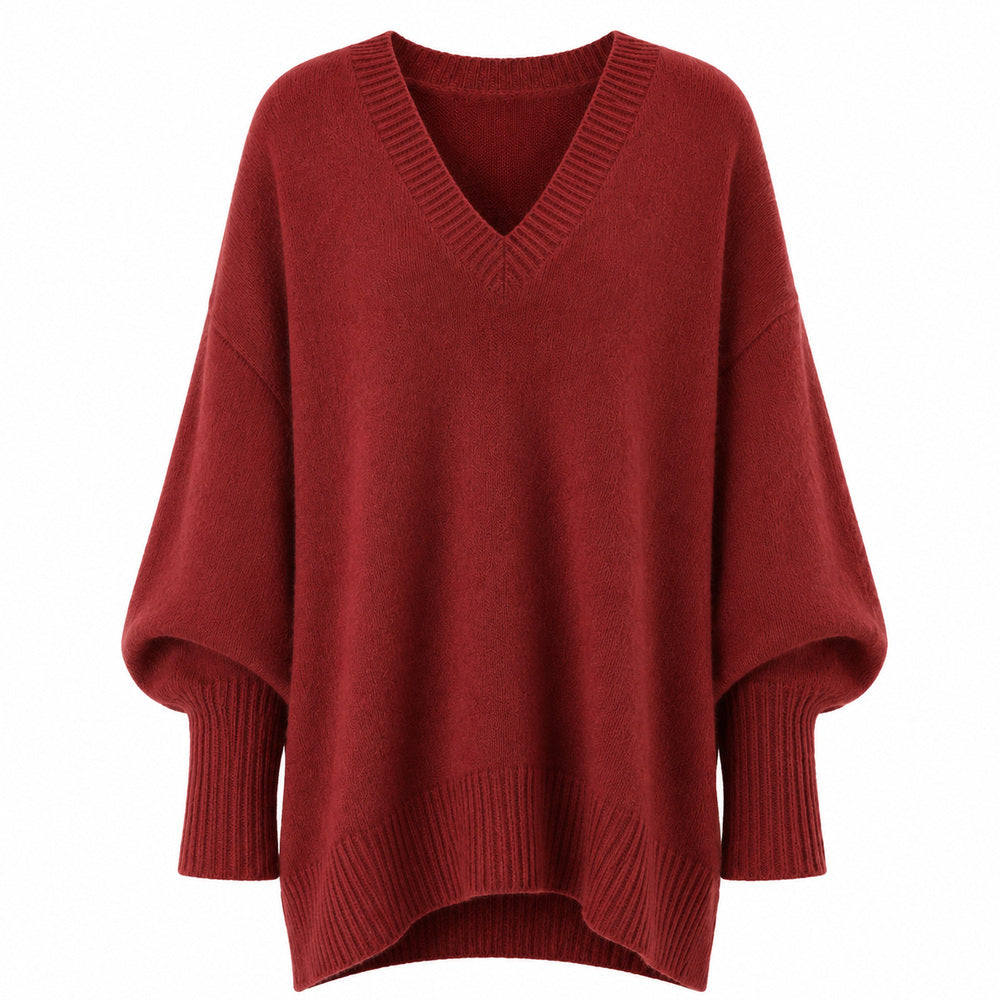 Elara - Women's Oversized V-Neck Batwing Knit Sweater - Red - White Background