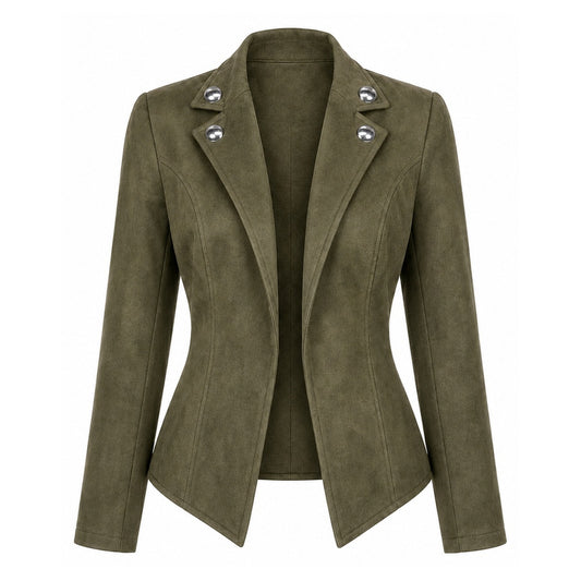 Avery – Women's Faux-Suede Studded-Lapel Jacket in Olive on a white background