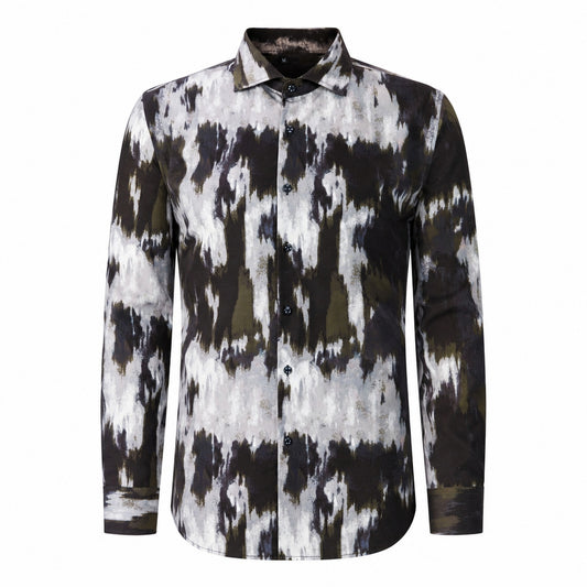Drift men's abstract print roll-sleeve shirt in Monochrome Ink, view 01