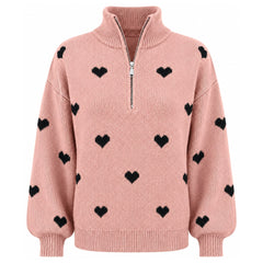 Amora women's heart-print half-zip knit sweater in Dusty Pink, front product view
