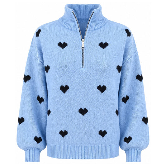 Amora women's heart-print half-zip knit sweater in Light Blue, front product view