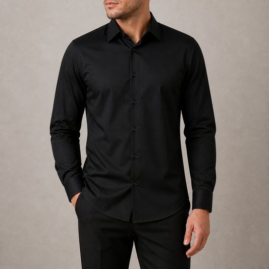 Axis men's four-way stretch long-sleeve dress shirt in Black, try-on view