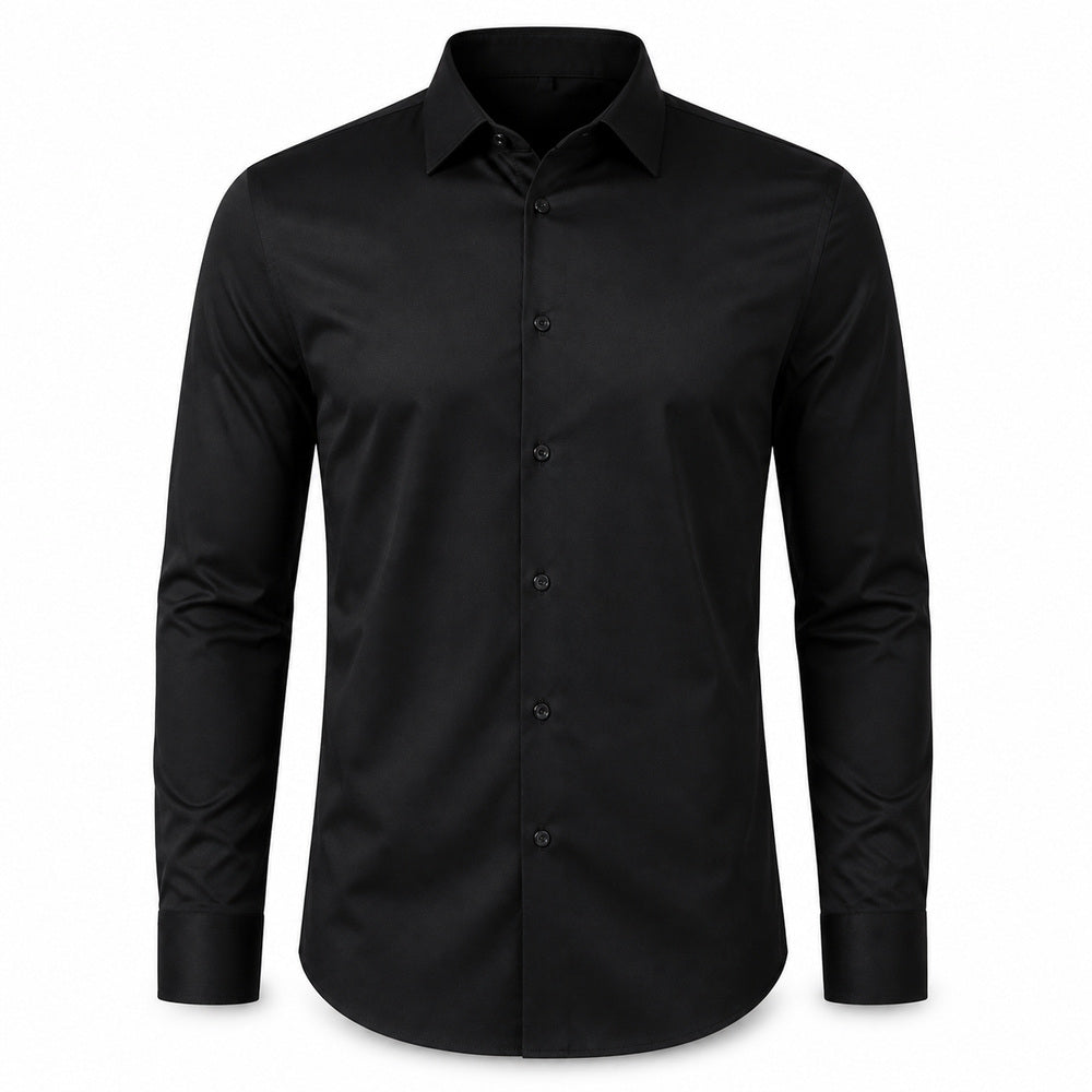 Axis men's four-way stretch long-sleeve dress shirt in Black, model-free front view