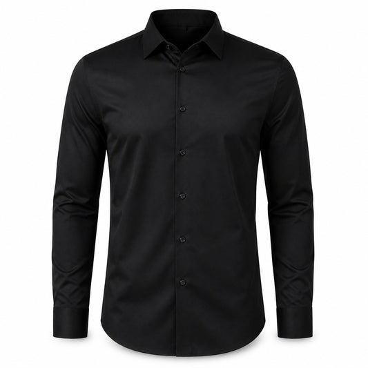 Axis men's four-way stretch long-sleeve dress shirt in Black, model-free front view