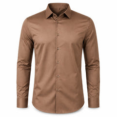 Axis men's four-way stretch long-sleeve dress shirt in Khaki, model-free front view
