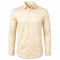 Axis men's four-way stretch long-sleeve dress shirt in Light Beige, model-free front view