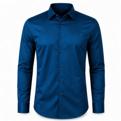Axis men's four-way stretch long-sleeve dress shirt in Peacock Blue, model-free front view