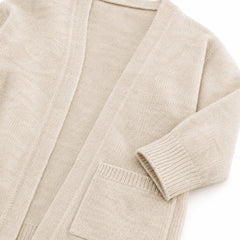 Close-up of the Liora cardigan knit, ribbed cuff and open-front trim