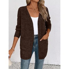 Woman wearing the Liora open-front pocket cardigan in Coffee Brown