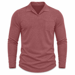 Marlow men's vintage-wash long-sleeve pocket polo shirt in Burgundy, model-free front view