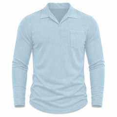 Marlow men's vintage-wash long-sleeve pocket polo shirt in Light Blue, model-free front view
