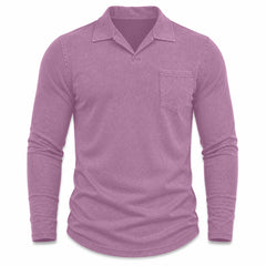Marlow men's vintage-wash long-sleeve pocket polo shirt in Violet, model-free front view