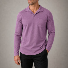 Marlow men's vintage-wash long-sleeve pocket polo shirt in Violet, cropped try-on view
