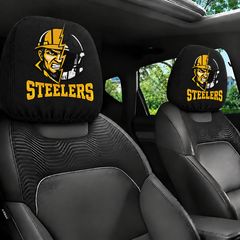 Pittsburgh Steelers car headrest cover, Style 2 illustrated mascot design, installed in car