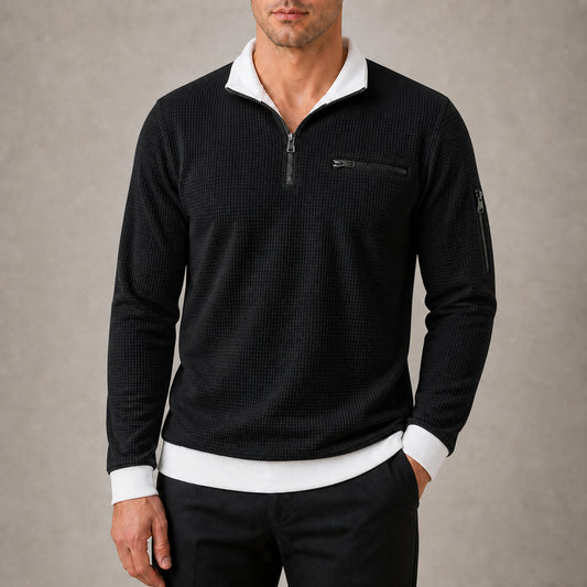 Vantage men's black waffle quarter-zip utility polo try-on