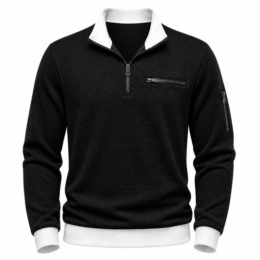 Vantage men's black waffle quarter-zip utility polo front view