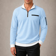 Vantage men's light blue waffle quarter-zip utility polo try-on