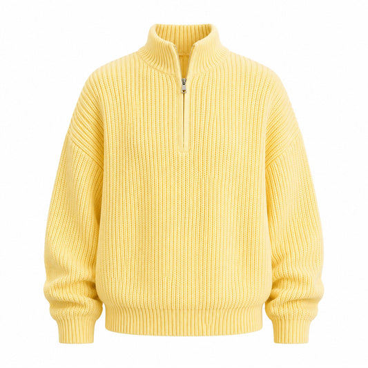 Vela women's relaxed ribbed half-zip sweater in Yellow, front view on white background